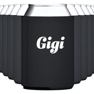 Black can koozie with custom writing Gigi